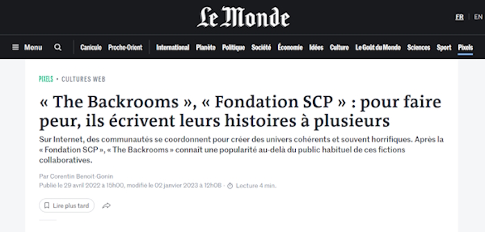'Le Monde' article about the SCP Foundation and The Backrooms.