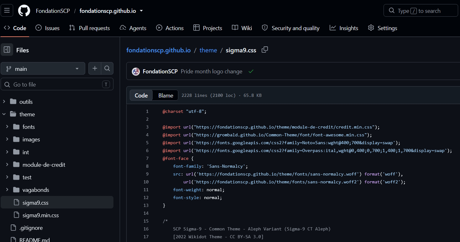 Screenshot of the Github repository for the CSS theme of the SCP Foundation French branch & SCP International
